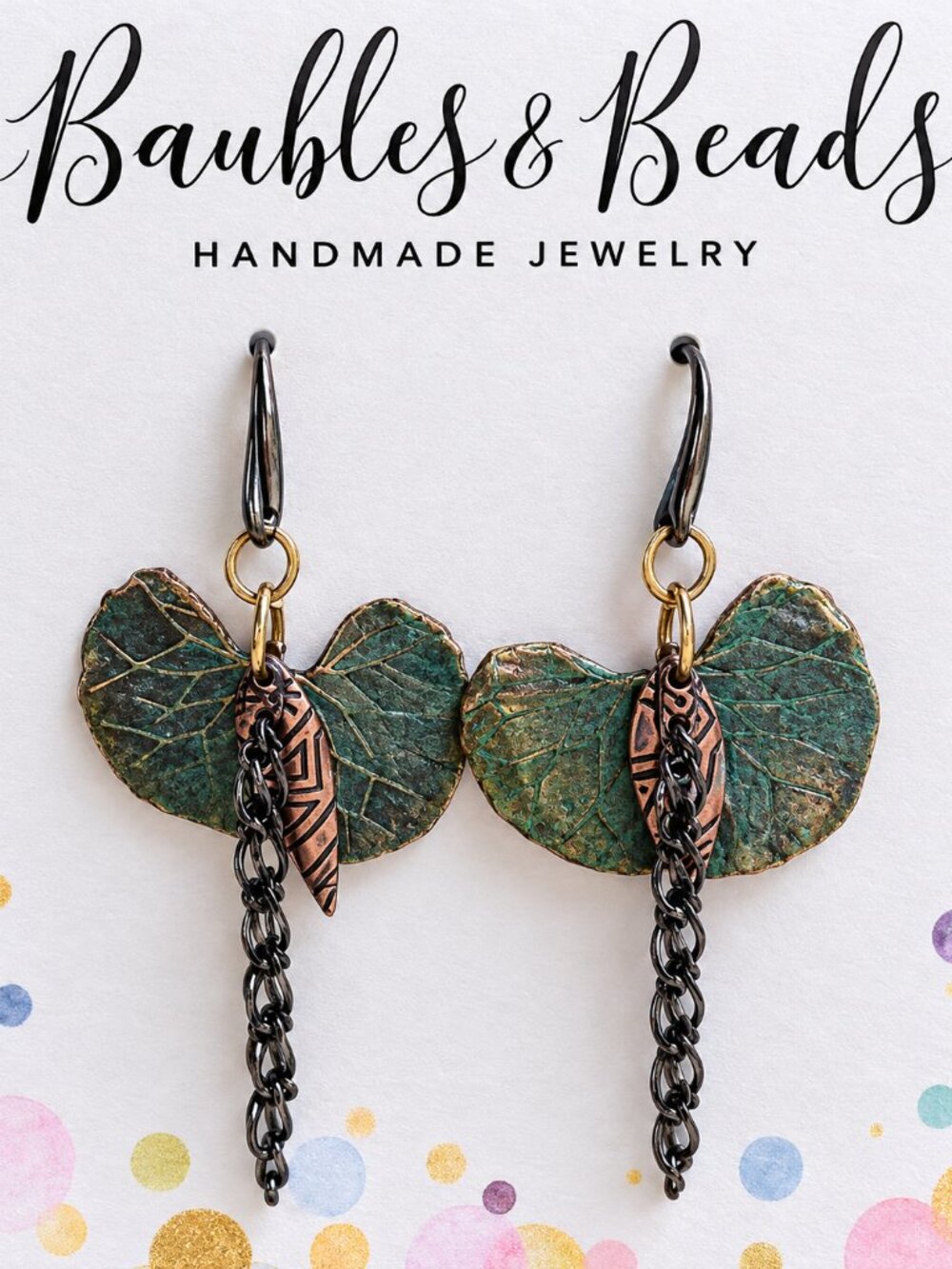 Forest Dangle Earrings - Green Patina Leaf - with copper-tone charm and black ch